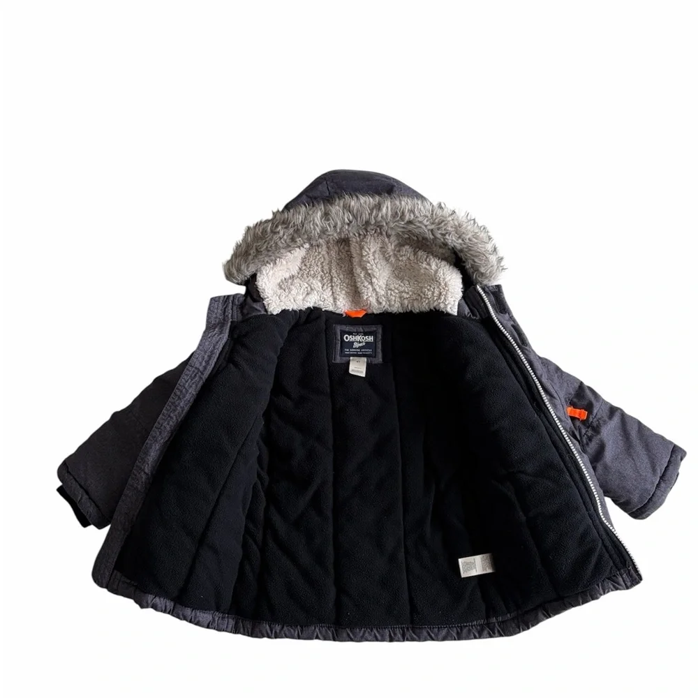 OshKosh B'gosh Charcoal Gray Kids Hooded Coat with Faux Fur Trim Boys 4T